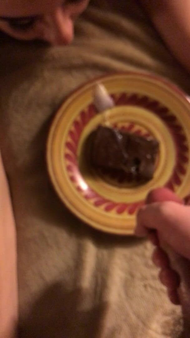 Happy brunette downs cum dripping brownie
