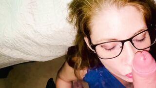 Milf in glasses takes cum on her tongue!
